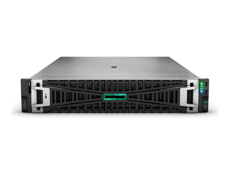 Silver and black hpe proliant dl380 gen11 2u dual-socket rack server with green illuminated panel front view