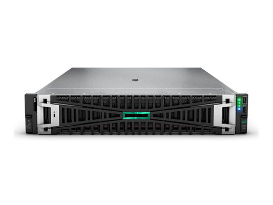 Silver and black hpe proliant dl380 gen11 2u dual-socket rack server with green illuminated panel front view