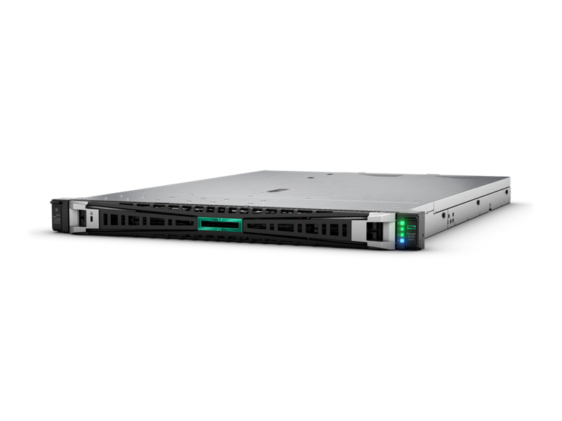 Silver hp proliant dl380 gen10 server with green and blue led indicators on front panel for rack use