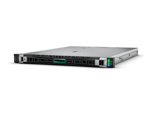 Silver hp proliant dl380 gen10 server with green and blue led indicators on front panel for rack use