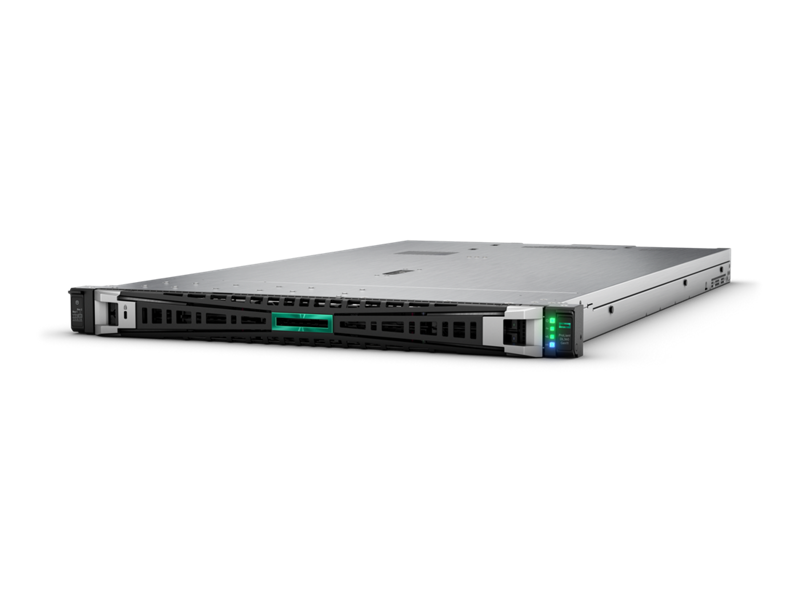 Silver-colored hpe proliant dl360 gen11 1u rack server with dual xeon and illuminated green status indicators
