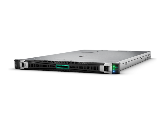 Silver-colored hpe proliant dl360 gen11 1u rack server with dual xeon and illuminated green status indicators