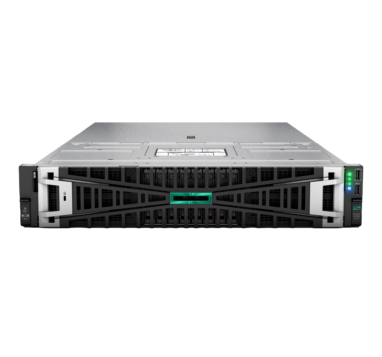 Silver and black hp proliant dl380 gen10 server with green led indicator front panel for high performance computing