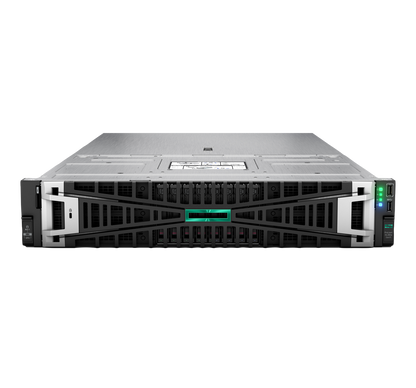Silver and black hp proliant dl380 gen10 server with green led indicator front panel for high performance computing