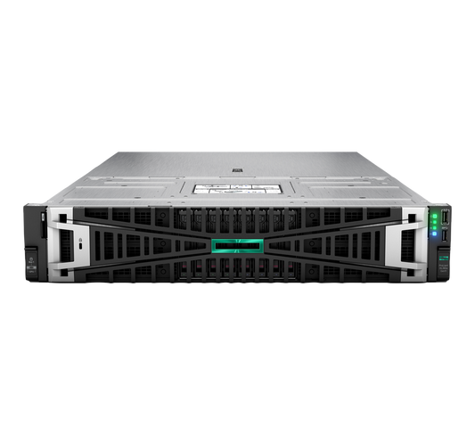 Silver and black hp proliant dl380 gen10 server with green led indicator front panel for high performance computing