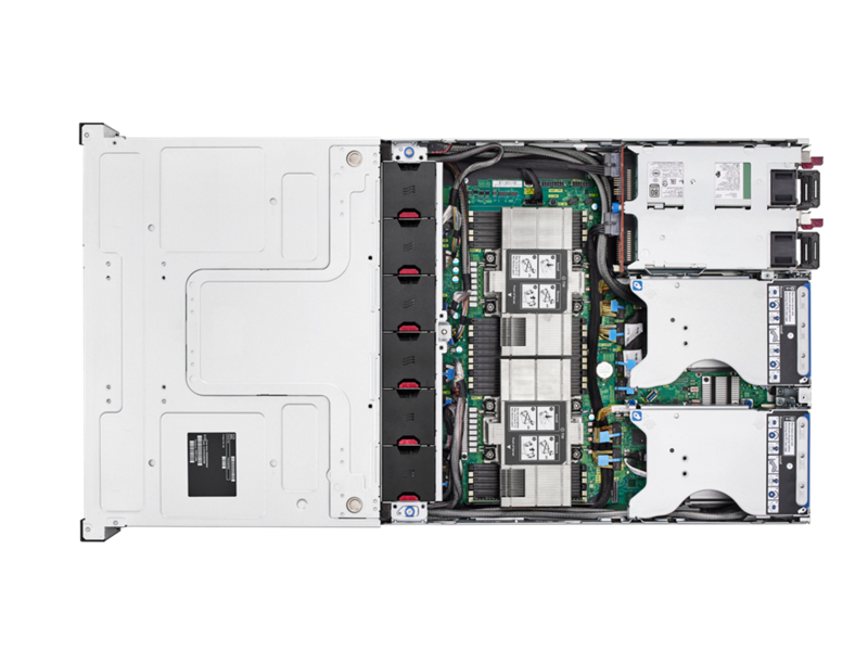 White dell proliant dl380a gen11 2u server chassis with green circuit boards black silver drive bays and red lights