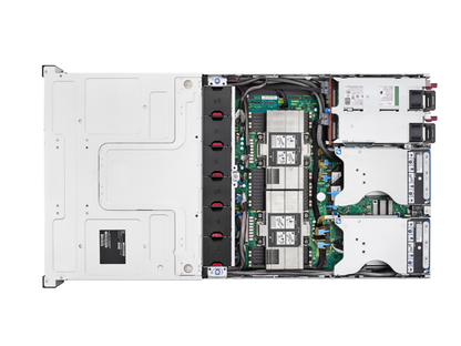 White dell proliant dl380a gen11 2u server chassis with green circuit boards black silver drive bays and red lights