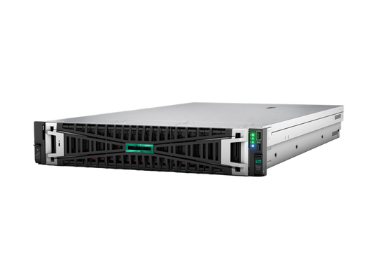 Silver and black hp proliant dl380 gen10 server with green led indicator panel for high performance computing