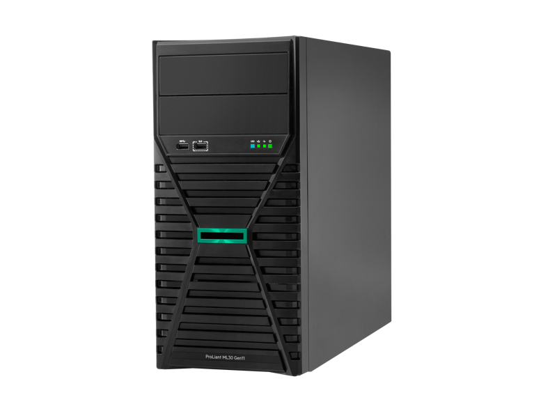 Black hp proliant ml30 gen8 server tower with green illuminated accent strip and front panel ports for enterprise use