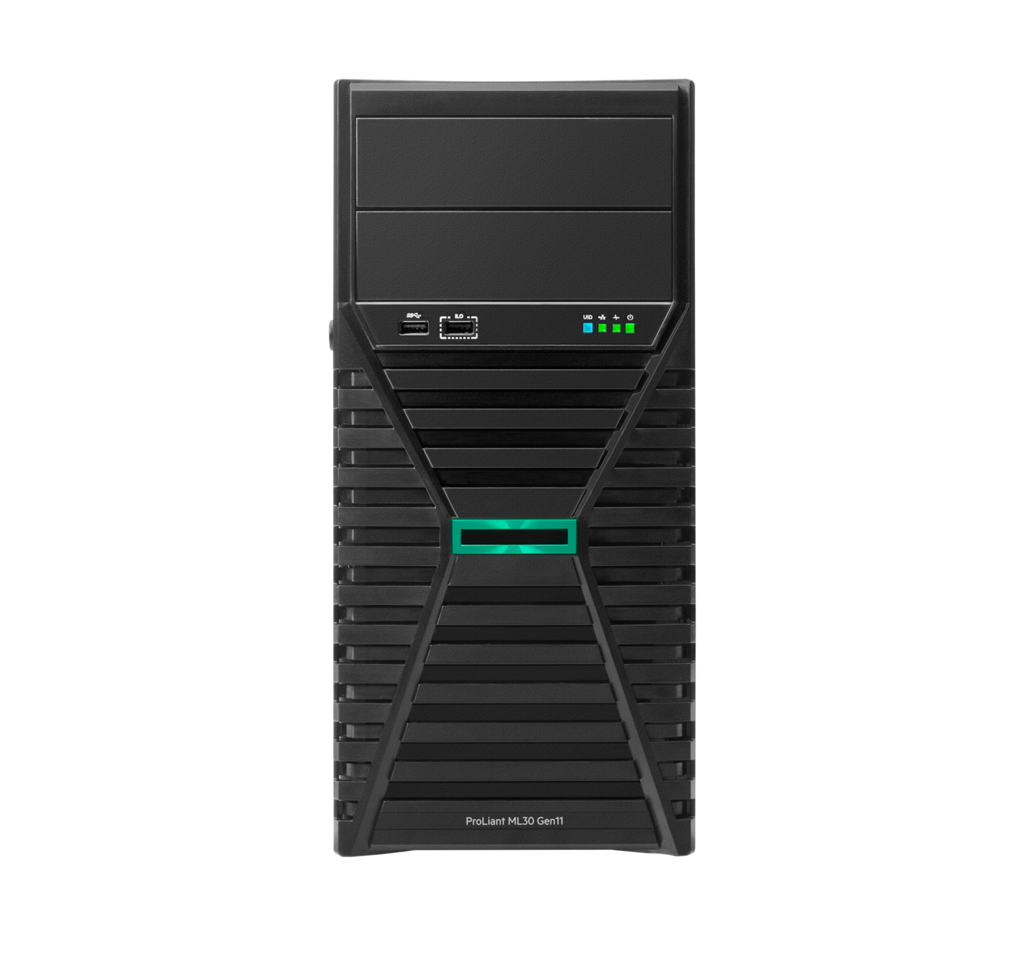 Black hp proliant ml30 gen11 tower server with green illuminated stripe and ventilation slats for enterprise use