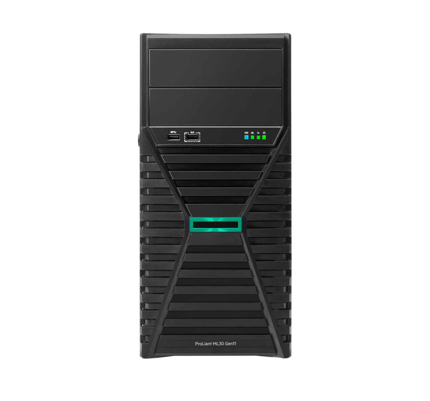 Black hp proliant ml30 gen11 tower server with green illuminated stripe and ventilation slats for enterprise use