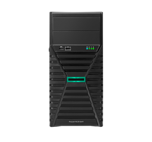 Black hp proliant ml30 gen11 tower server with green illuminated stripe and ventilation slats for enterprise use