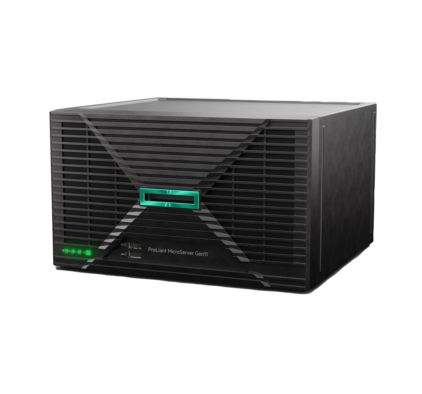 Black hpe proliant microserver gen11 ultra micro tower server with glowing green light and diagonal ventilation slats