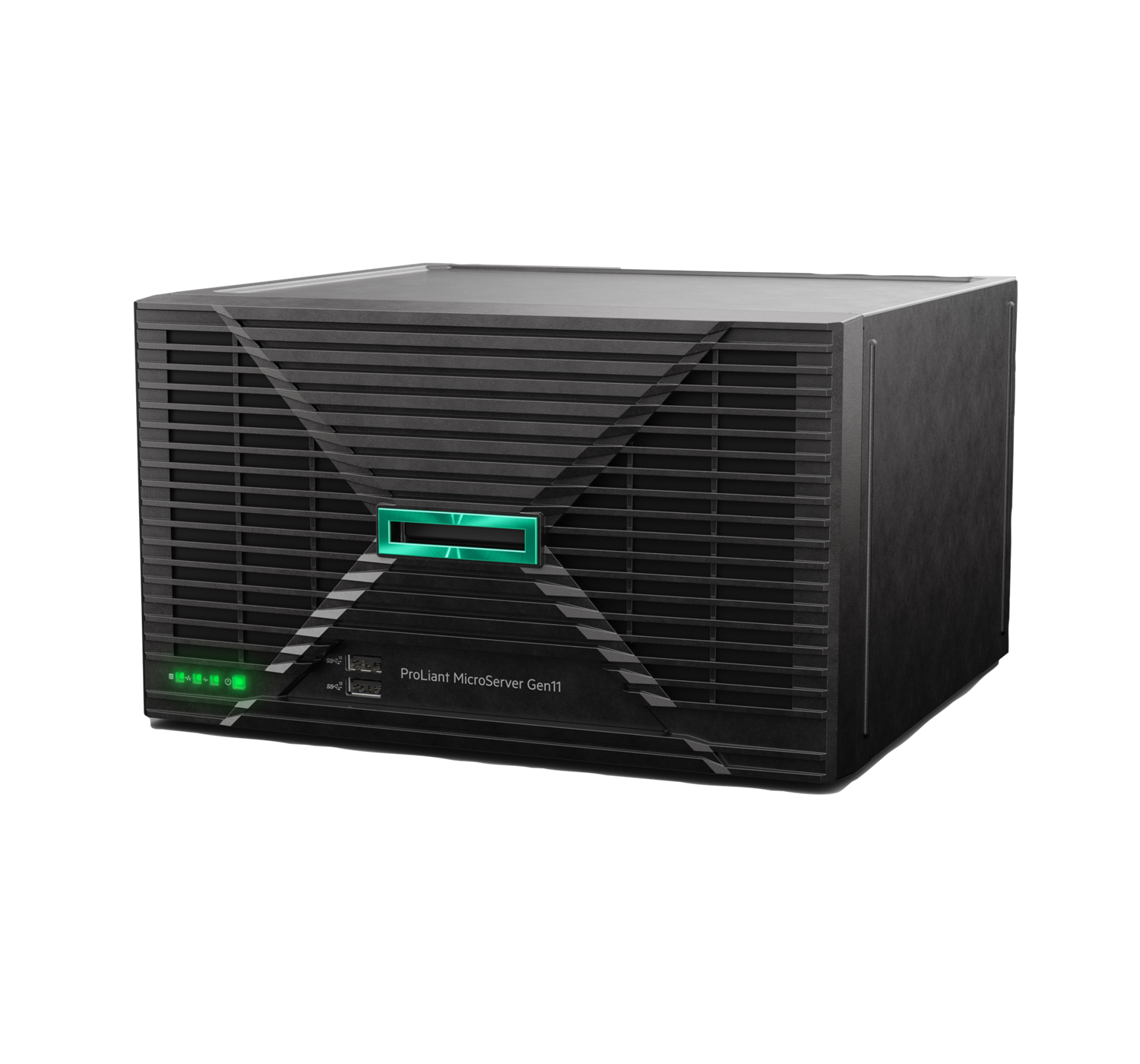 Black hpe proliant microserver gen11 ultra micro tower server with glowing green light and diagonal ventilation slats