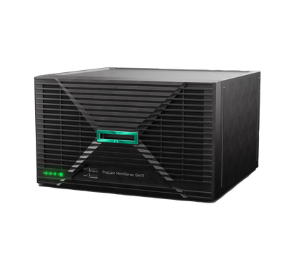 Black hpe proliant microserver gen11 ultra micro tower server with glowing green light and diagonal ventilation slats