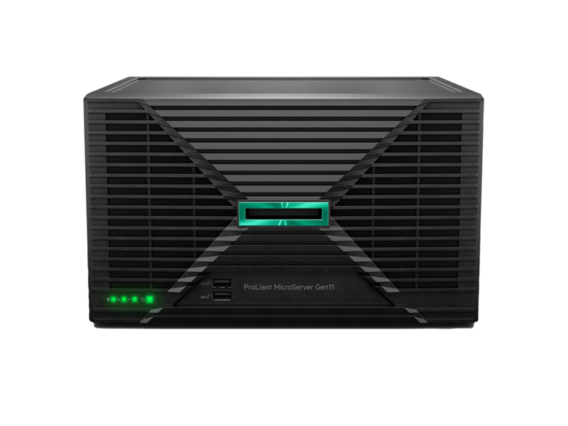 Black HPE ProLiant microserver gen11 ultra micro tower server with green illuminated logo and status lights