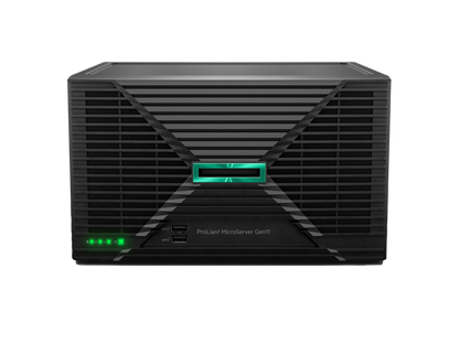 Black HPE ProLiant microserver gen11 ultra micro tower server with green illuminated logo and status lights