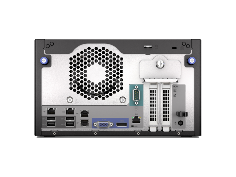 Silver and black hpe microserver gen11 ultramicro tower server with perforated grille and multiple connectivity ports shown from back