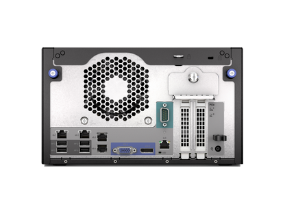 Silver and black hpe microserver gen11 ultramicro tower server with perforated grille and multiple connectivity ports shown from back