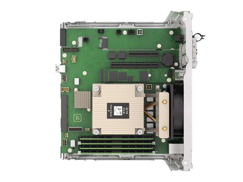 Green circuit board with beige heat sink and silver components in hpe proliant gen11 ultramicro tower server