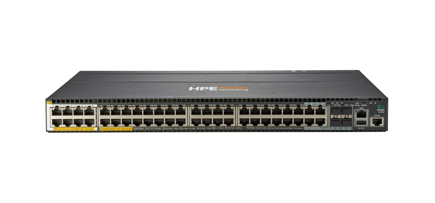 Aruba JL323A | 32x 1G RJ-45 + 8x Smart Rate 1/2.5/5G, PoE+ (802.3at), 1 modular uplink slot (up to 4x 10G SFP+ or 2x 40G QSFP+), L3 static/RIP; OSPF via license