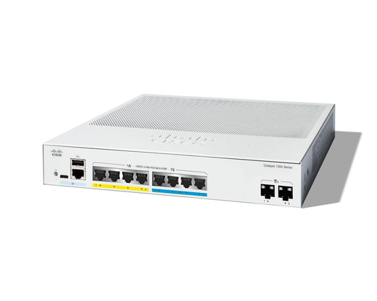 Cisco C1300-8MGP-2X | 8x RJ45 (4x 2.5G + 4x 1G) | PoE+ 802.3at | 2x 10G SFP+ uplinks | License tier: Base
