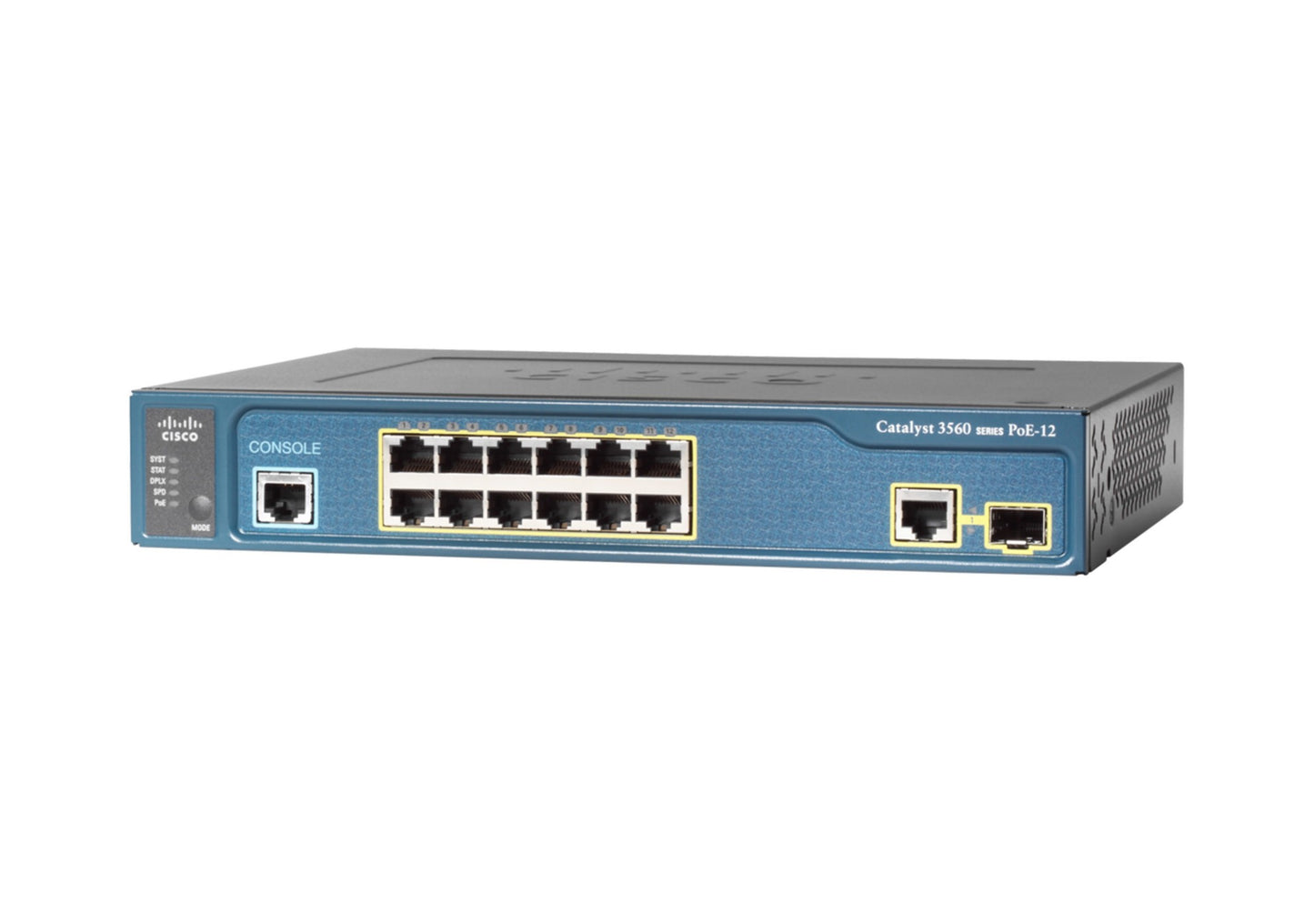 Cisco WS-C3560CX-12PC-S switch with 12x 1G ports and PoE+