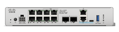 Back side of silver cisco csf240p-td-k9 secure firewall 240p 8-port poe plus switch with usb-c port and 120v 6a power input