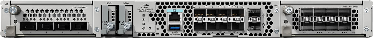 Gray metal cisco fpr4245-k9 firepower 4245 spare chassis server rack with multiple network slots and blue led light