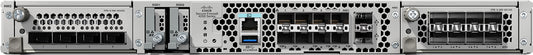 Gray metal cisco fpr4245-k9 firepower 4245 spare chassis server rack with multiple network slots and blue led light