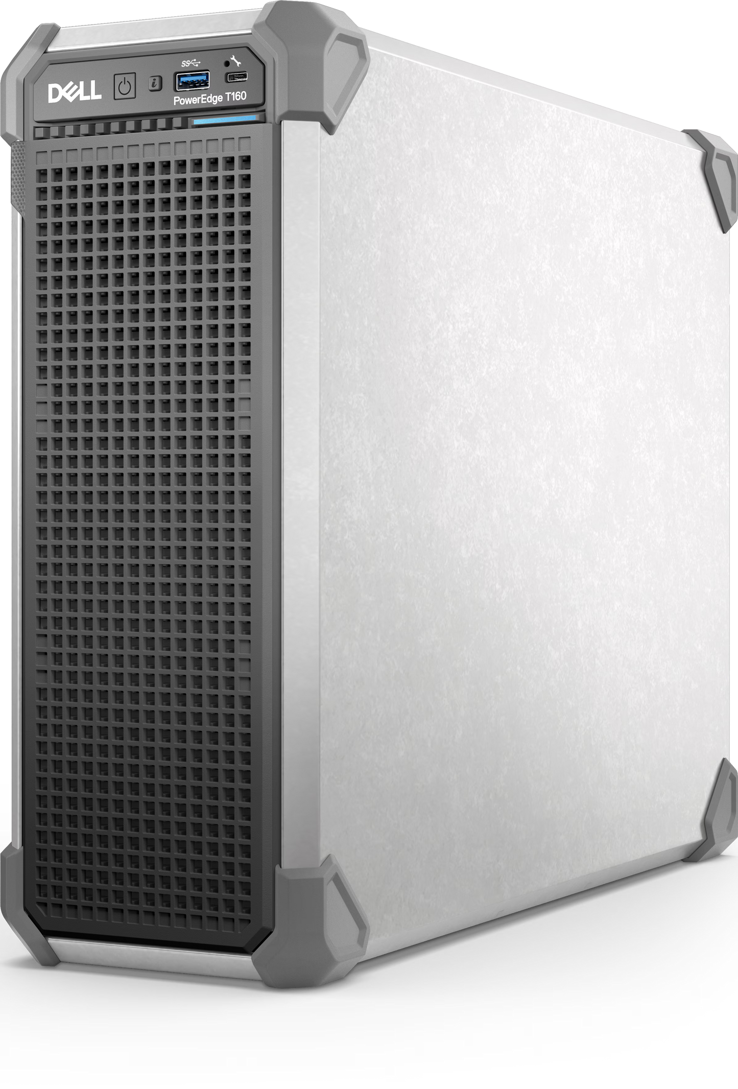 Dell poweredge t160 tower server with xeon e-2400, 128GB ddr5, white and gray chassis with perforated ventilation panel