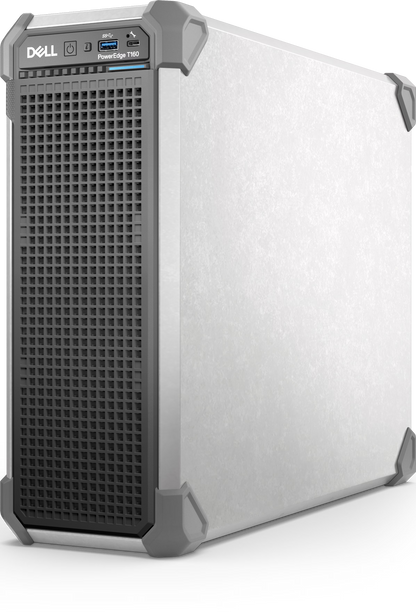 Dell poweredge t160 tower server with xeon e-2400, 128GB ddr5, white and gray chassis with perforated ventilation panel