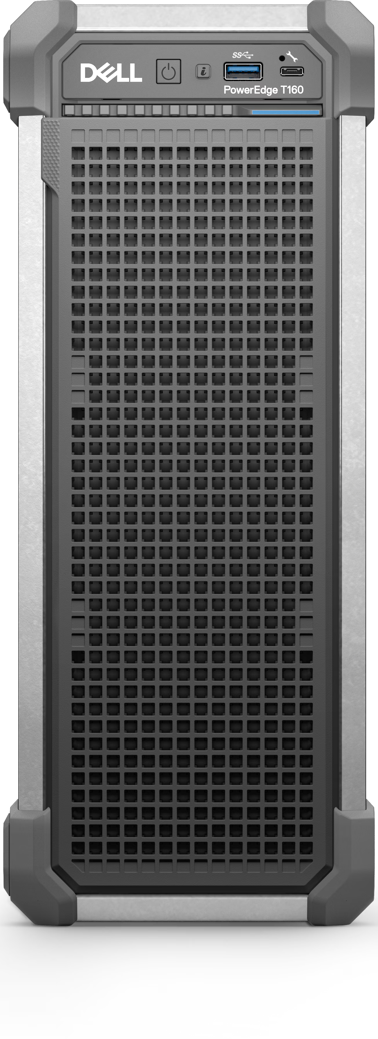 Dell poweredge t190 tower server with rugged gray and black design and perforated front panel for efficient cooling