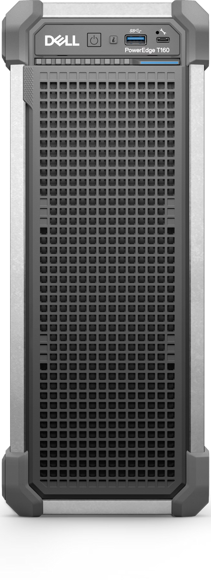 Dell poweredge t190 tower server with rugged gray and black design and perforated front panel for efficient cooling