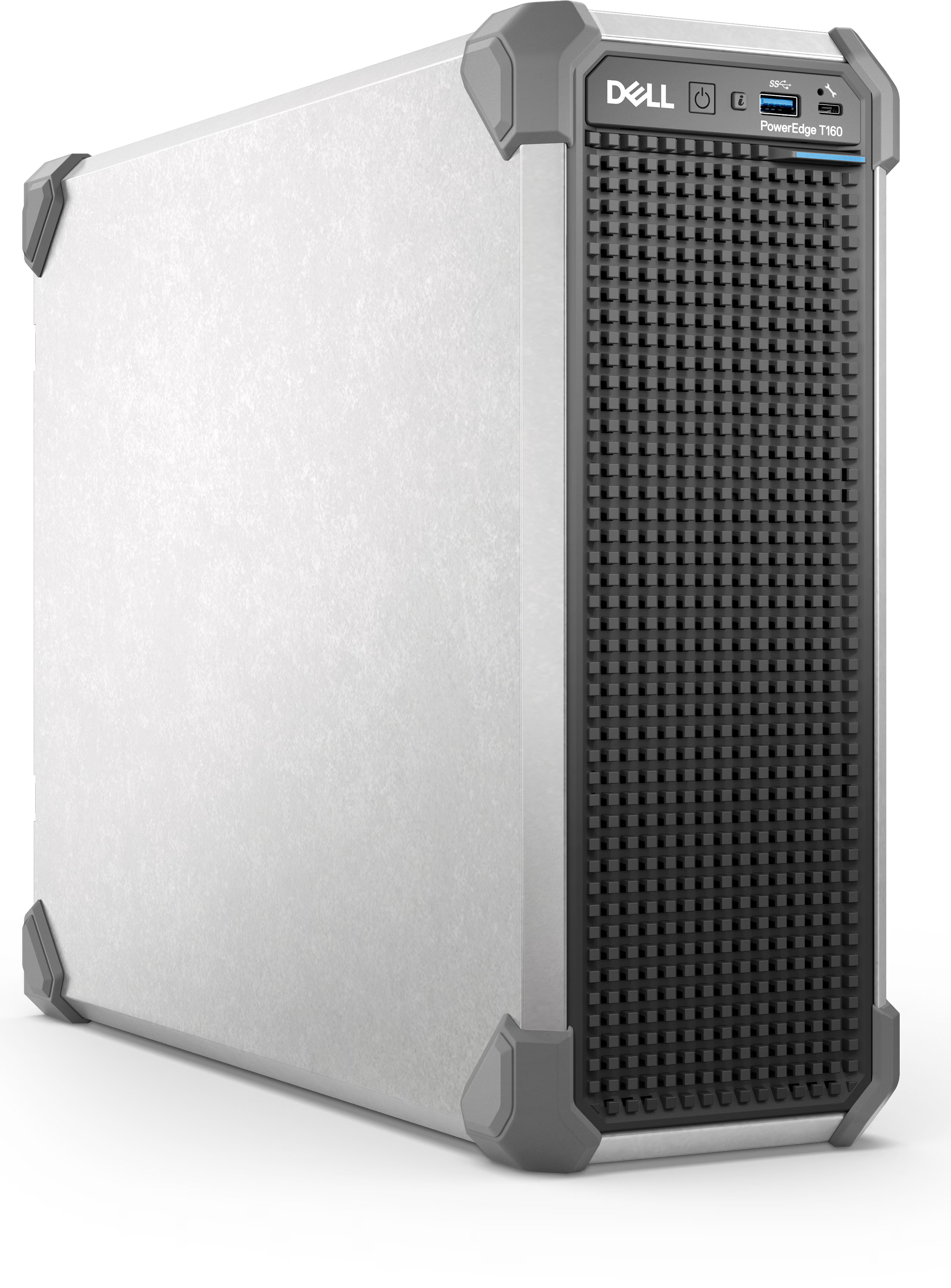 Silver and black Dell PowerEdge T160 tower server with textured front panel and ventilation holes featuring Xeon E-2400 and 128GB DDR5