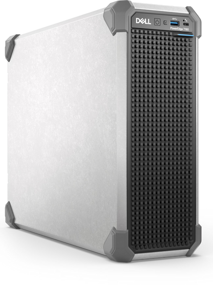 Silver and black Dell PowerEdge T160 tower server with textured front panel and ventilation holes featuring Xeon E-2400 and 128GB DDR5