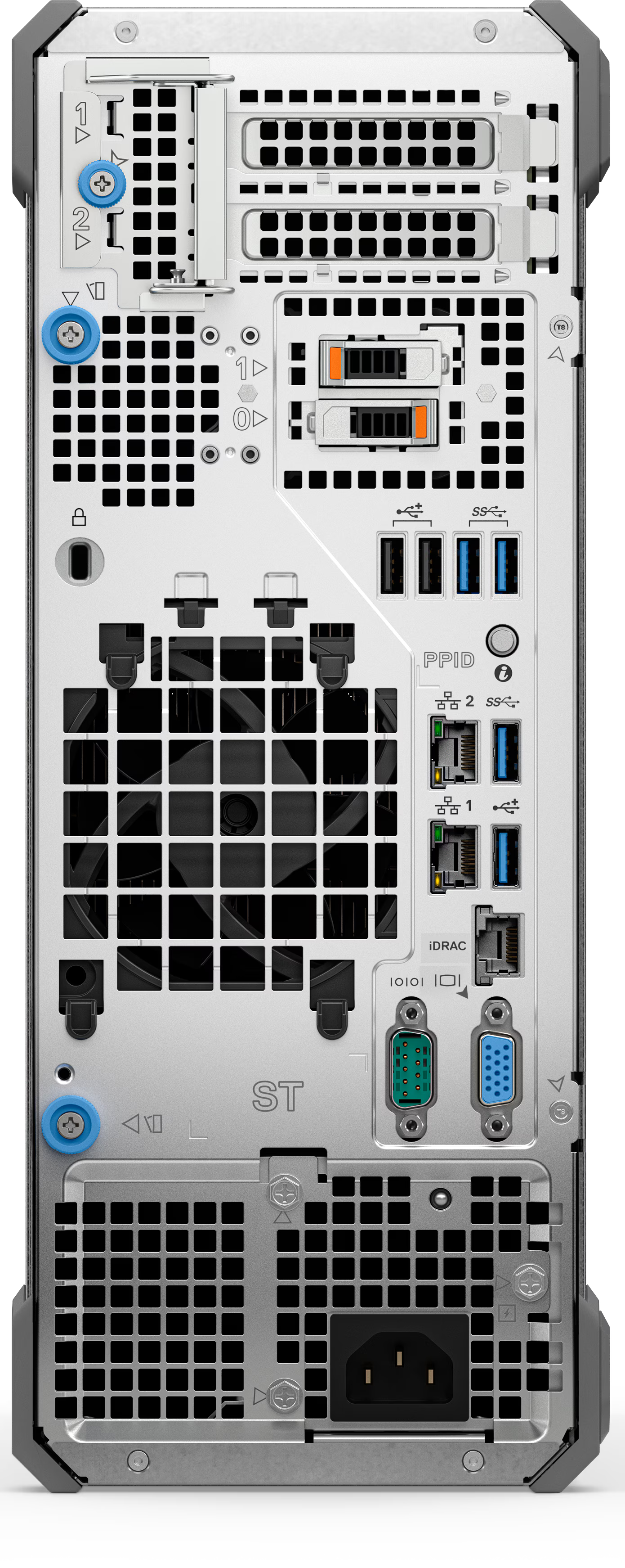 Back side of white dell t160 poweredge tower server with grid rear panel usb ports audio jacks and ventilation grilles