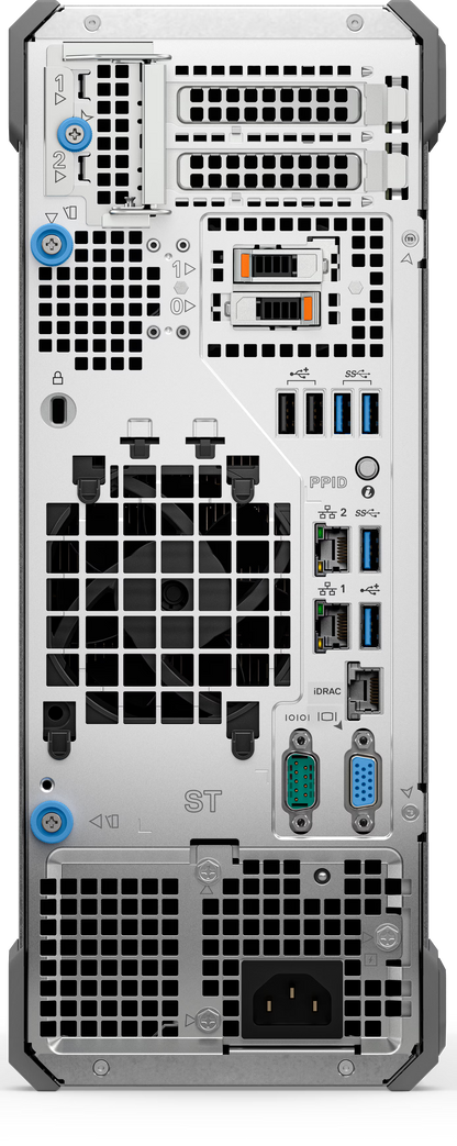 Back side of white dell t160 poweredge tower server with grid rear panel usb ports audio jacks and ventilation grilles