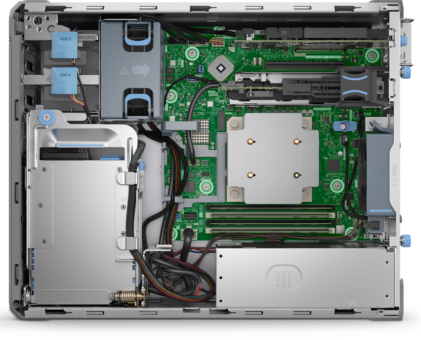Silver hp proliant dl380 gen10 server chassis with green motherboard, multiple drive bays, and internal cabling for dell poweredge t160 tower server Xeon E-2400 128GB DDR5