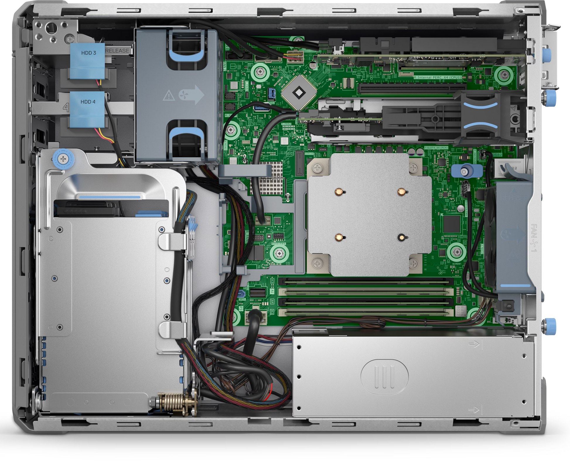 Silver hp proliant dl380 gen10 server chassis with green motherboard, multiple drive bays, and internal cabling for dell poweredge t160 tower server Xeon E-2400 128GB DDR5