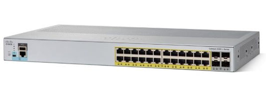Cisco WS-C2960L-24PQ-LL switch with 24 PoE+ ports and 4 SFP+ uplinks