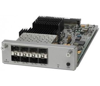 Cisco C4KX-NM-8SFP+ 8x 10GbE SFP+ module with silver router ports and heatsink