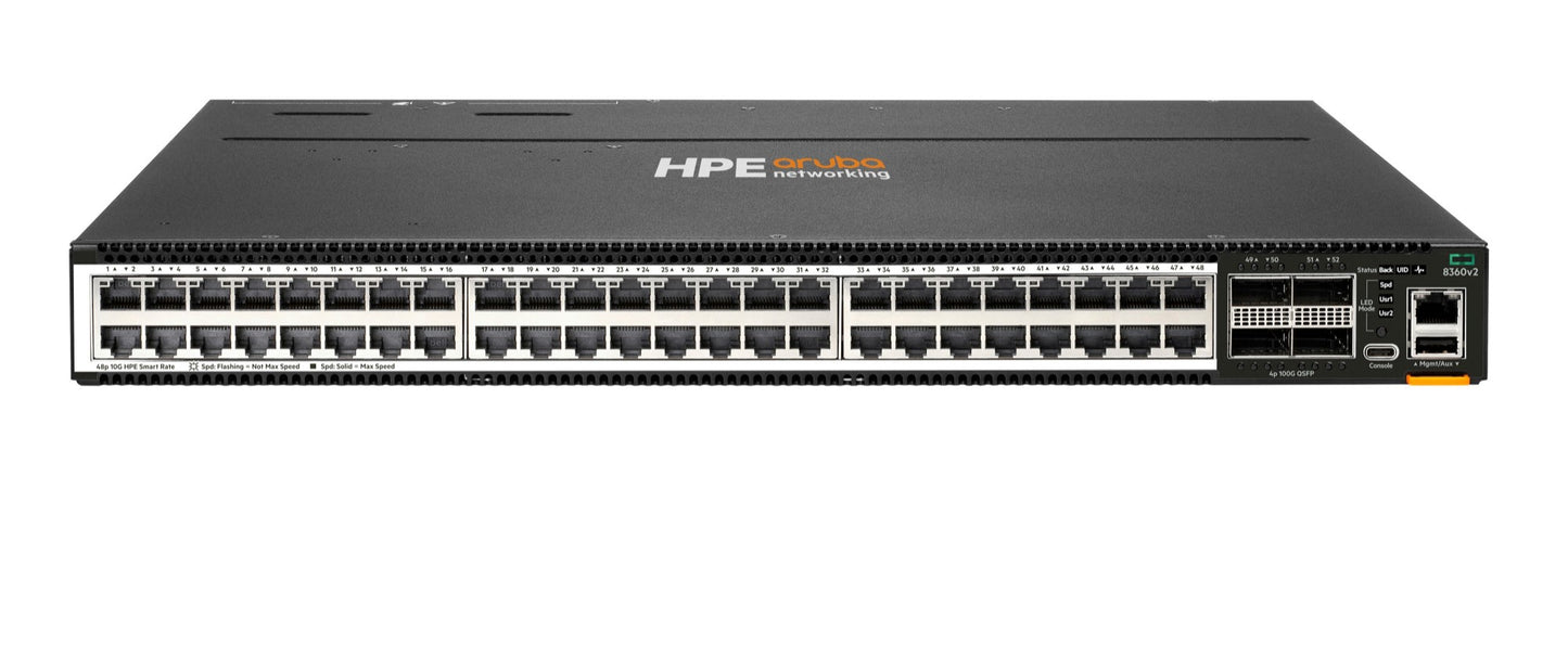 Aruba JL707C | 48x 1G/10GBase‑T, 4x 100G QSFP28 uplinks | EVPN‑VXLAN, BGP, OSPF, VSX HA | Hot‑swap fans & dual AC PSUs | License: base included
