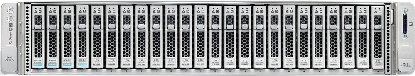 Cisco UCSC-C245-M8SX | 2U dual-socket AMD EPYC (4th Gen ready), 24x 2.5in SFF bays (SAS/SATA), barebones no CPU/RAM/Drives, PCIe 5.0-ready, redundant hot-swap PSUs