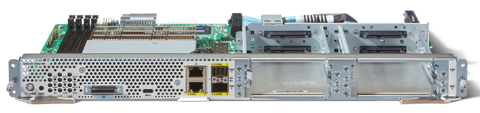 Cisco UCS-E1100D-M6 silver server rack with black green components for data storage