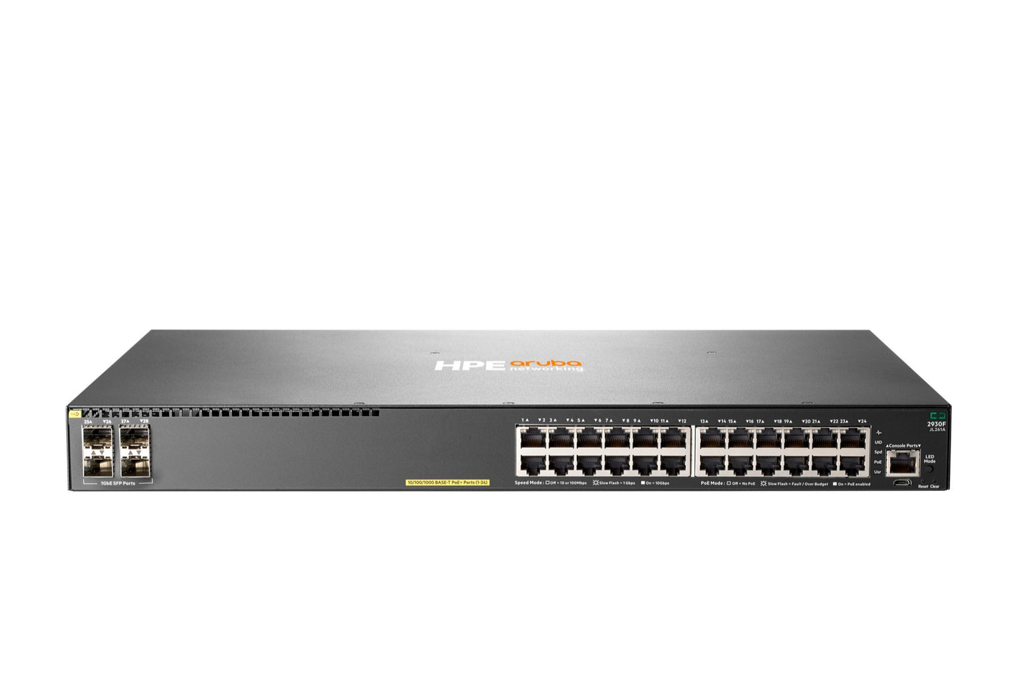 Aruba JL261A | 24x 1G RJ45, PoE+ (802.3at), 4x 1G SFP uplinks, no-license required