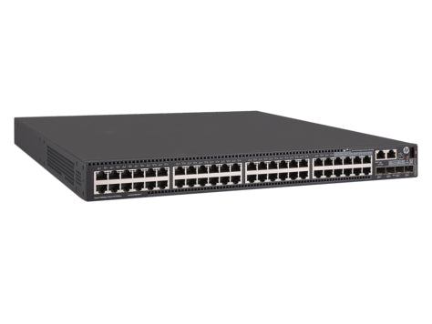 HPE JH148A black network switch with 48x 1G PoE+ ports and 4x 10G uplinks