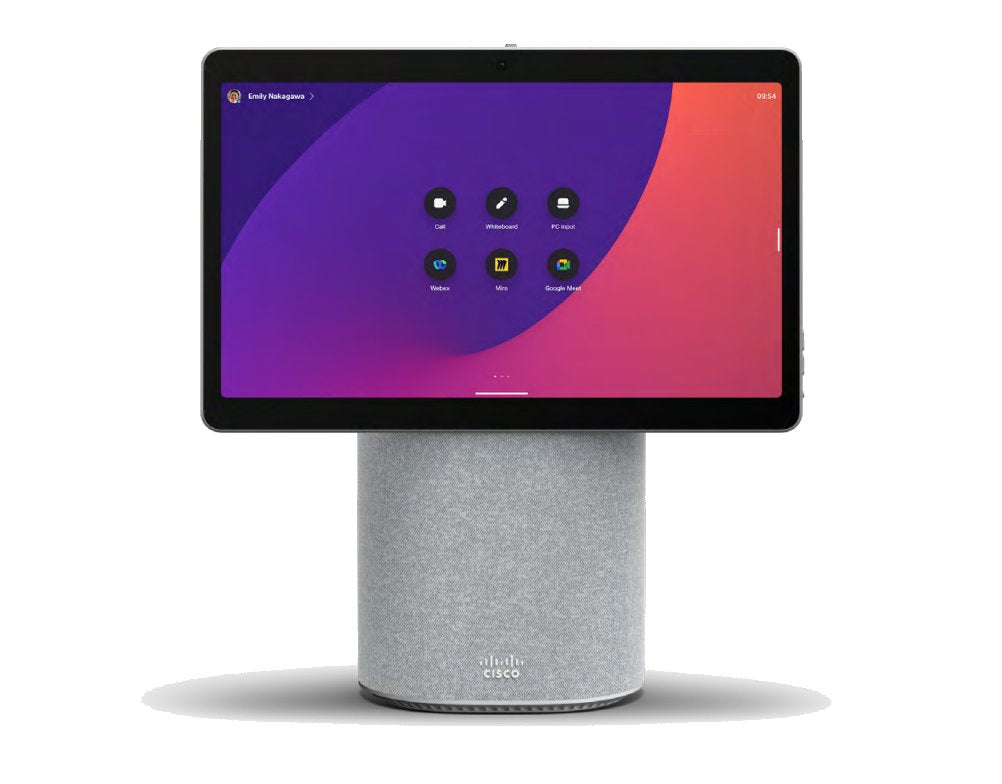 Cisco CS-DESKMINI-K9 | Personal video bar | 15.6-inch FHD touch | 8 MP camera + privacy shutter | Stereo speakers + far‑field mic array | USB‑C BYOD + secondary display | Wi‑Fi + Bluetooth + Gigabit Ethernet | Native Webex | Color: First Light (White)