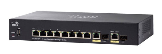 Cisco SG350-10P-K9-AU | 8x 1G RJ45 PoE+ (802.3at, 62W) + 2x 1G SFP uplinks | L2/L3 static | No license
