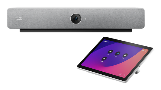 Cisco CS-BAR-MM-K9 | Video bar kit, First Light white, integrated UHD camera/mics/speakers, HDMI display output, Ethernet + Wi‑Fi/Bluetooth, includes table touch controller